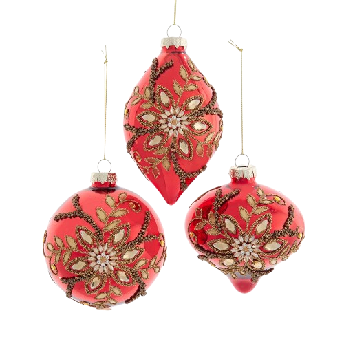 100MM GLASS RED & GOLD WIHT JEWELS  BALL, ONION & FINIAL