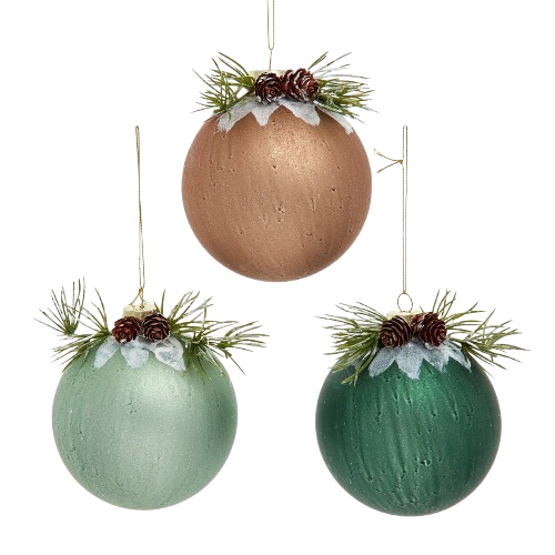 GLASS WINTER GREEN & LIGHT BROWN PINECONE DESIGN BALL /  INDIVIDUAL 