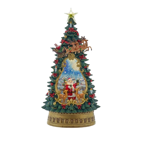 13.5" BATTERY OPERATED USB LED LIGHTED SANTA & DEER TREETOP WITH SPINNING GLITTER WATER