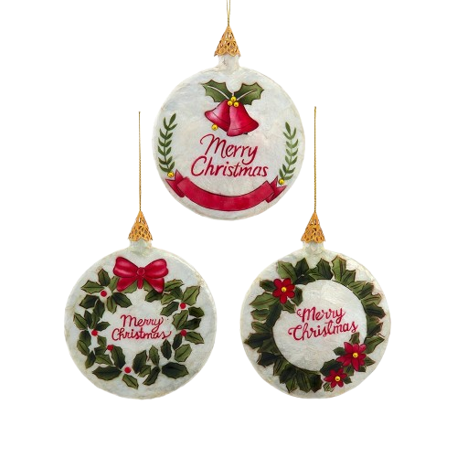 CAPIZ "MERRY CHRISTMAS" GREETING ORNAMENTS /  INDIVIDUAL 