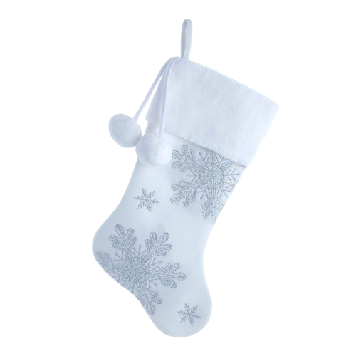 WHITE VELVET SEQUINED SNOWFLAKES STOCKING 