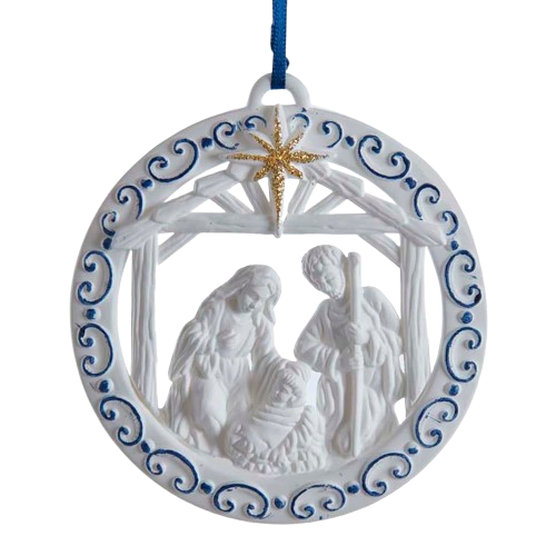 WHITE AND BLUE NATIVITY FAMILY ORNAMENT 
