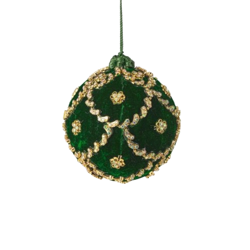 4"JEWELED SCALLOPED VELVET BALL ORNAMENT - GREEN 