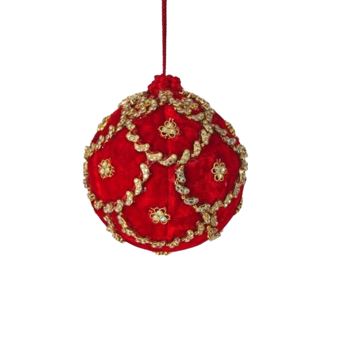 4"JEWELED SCALLOPED VELVET BALL ORNAMENT - RED