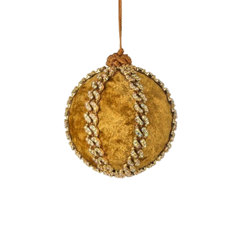  4" VELVET JEWELED BALL ORNAMENT - GOLD