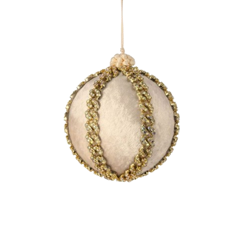  4" VELVET JEWELED BALL ORNAMENT - IVORY