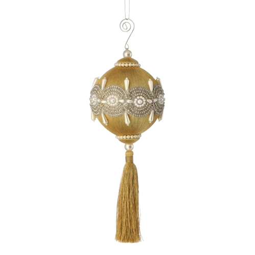 12" PEARL/JEWEL YARN BALL TASSLE ORNAMENT - CHAMPAGNE