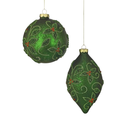4-6" GLS MRCY/JWL FINIAL/BALL ORNAMENT - INDIVIDUAL - GREEN 