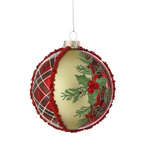 4" GLASS PLAID HOLLY BALL ORNAMENT