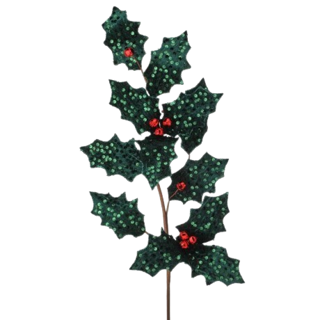 28" METALIC SEQUIN HOLLY SPRAY