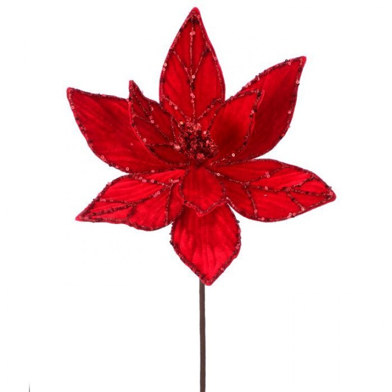 24" GLITTER VEINED VELVET POINSETTIA STEM 