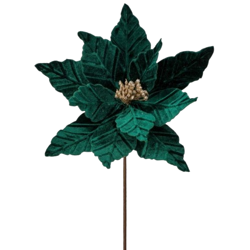 24"SEQUINS EDGE VELVET POINSETTIA STEM -EMERALD