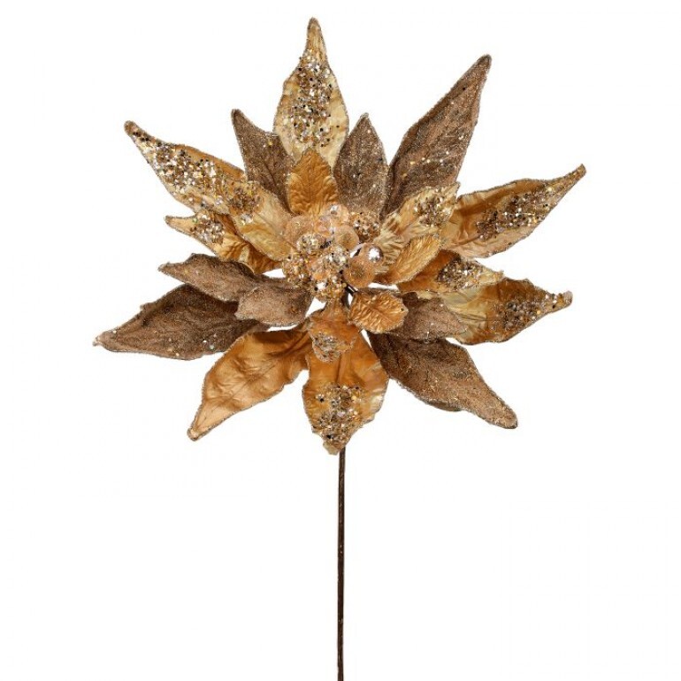 24"  GLIITER W/JEWEL DISPLAY POINSETTIA STEM - CHAMPAGNE GOLD