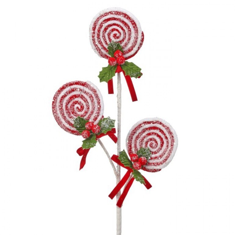 25" LOLLIPOP W/POMPOM HOLLY SPRAY X3