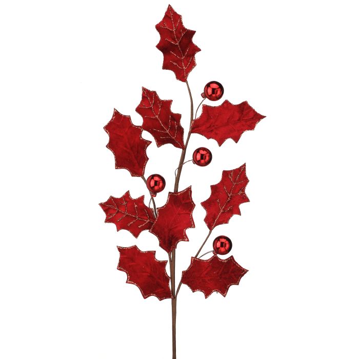 27" VELVET HOLLY LEAF SPRAY W/BALL - RED