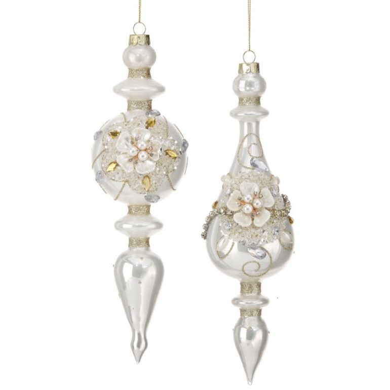 10" GLS W/FLOWER JEWEL FINIAL ORNAMENT 2/AST