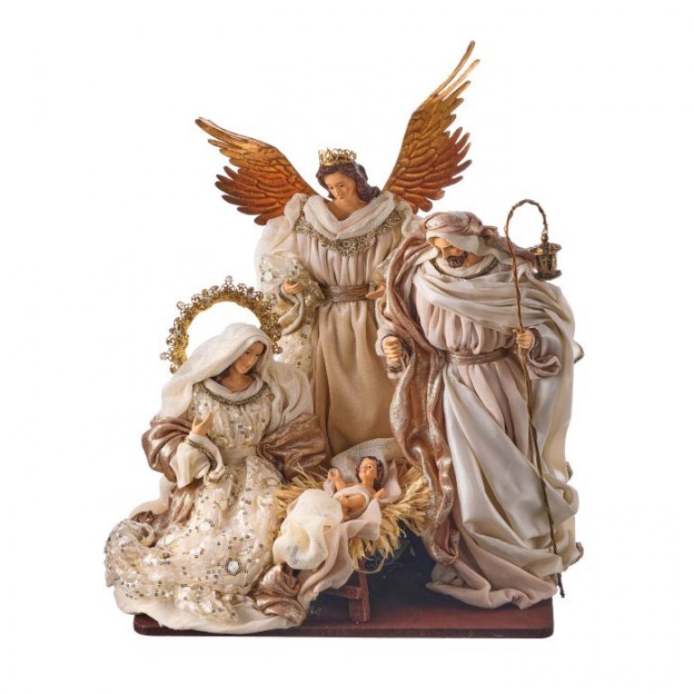19" RESIN/FABRIC HOLY FAMILY W/ANGEL ON BASE