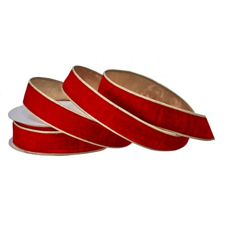 1.5"X10Y  PREMIUM VELVET W/GOLD EDGE - RED