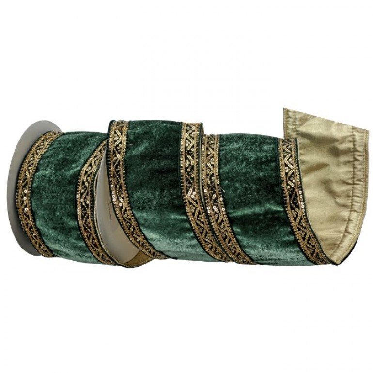 4"X5Y DBL SIDED SEQUIN TRIM VELVET RIBBON -  GREEN GOLD