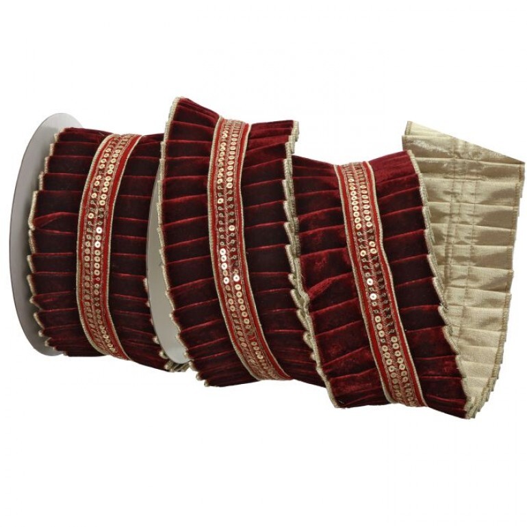 4"X5Y PLEATED VELVET W/TRIM RIBBON - BURG GOLD