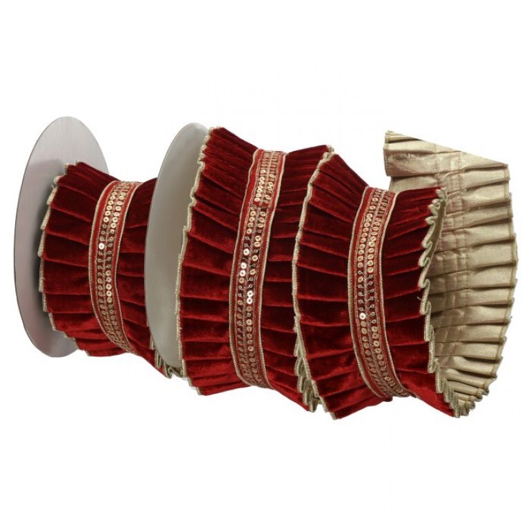 4"X5Y PLEATED VELVET W/TRIM RIBBON - RED GOLD