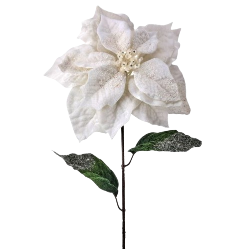 28" PREMIUM GLITTER POINSETTIA STEM - WHITE