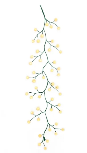 [P7408GRWW] 6´ 48-LIGHT WHITE COTTON BALLS WITH WARM WHITE LED LIGHTS GREEN VINE GARLAND 