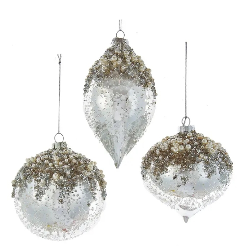 [F2188] 4´´GLS ICY SILV BALL/ONION/DROP ORNS