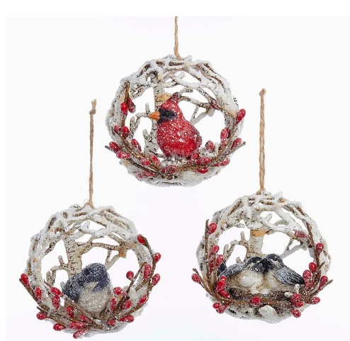 [C9276] 4´´CARDINL/CHIKADEE IN BIRCH BALL NDIVIDUAL