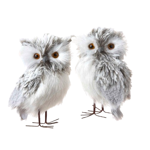 [C2225] 5´´PAIR OF FURRY GRAY OWLS SET