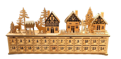 [2735490] 17.7"L B/O LIGHTED LASER CUT WOOD HOLIDAY VILLAGE SCENE ADVENT CALENDAR