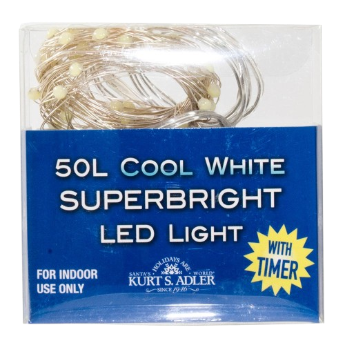 [BAT0301CLW] 16.3' Battery Operated 50-Light Classic White Superbright LED Silver Wire Light Set In PDQ