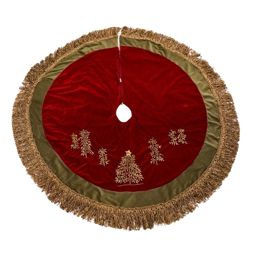 [C1202] 50" Burgundy Velvet Ribbon Tree Skirt With Green Tassel Border