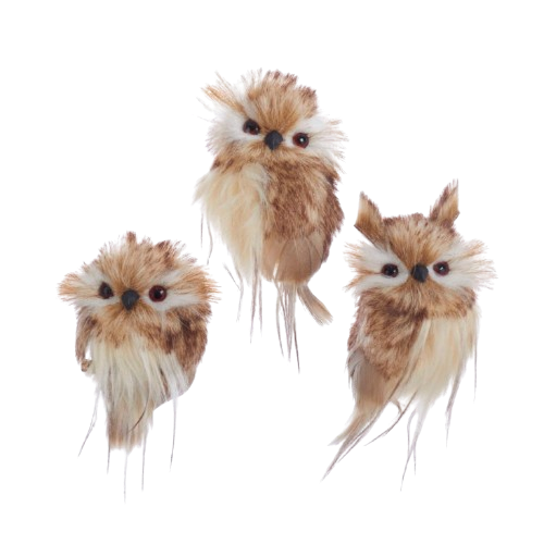 [C2313] 3.9"BROWN W/WHITE FUR OWL ORN