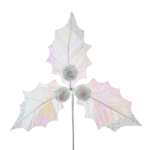 [C9585] WHITE GLITTER HOLLY LEAF PICK 