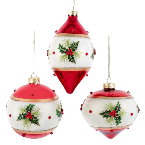 [F2235] 4" GLASS RED AND WHITE WITH HOLLY BALL/FINIAL/ONION - INDIVIDUAL				 