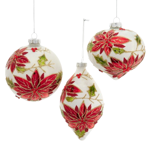 [F2349] 4" GLASS POINSETTIA BALL/DROP/ONION / INDIVIDUAL
