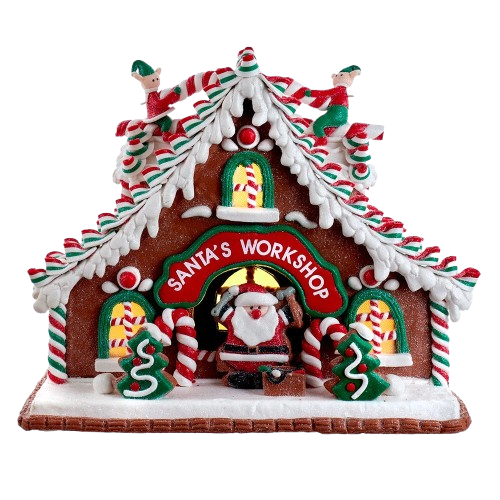 [GBJ0039] 10.5"BATTERY OPERATED SANTA WORKSHOP CLAYDOUGH GINGERBEAR HOUSE