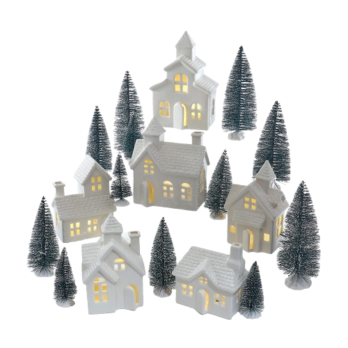 [JEL1014] 3-7.7"BATTERY OPERATED LIGHTED PORCELAIN TREES HOUSE & CANDLES 24PC