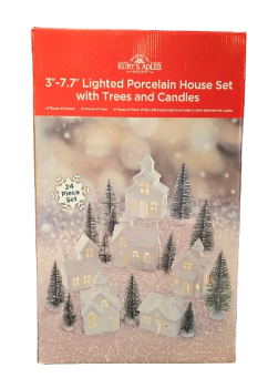 [JEL1014] 3-7.7"BATTERY OPERATED LIGHTED PORCELAIN TREES HOUSE & CANDLES 24PC