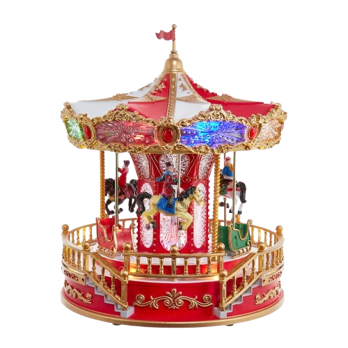 [JEL1330] 11.1" BATTERY OPERATED MULTICOLOR LED LIGHTED MUSICAL SANTA CAROUSEL WITH MOTION