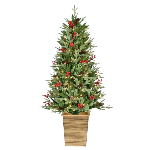 [TR2396] 4.5'PRE-LIT GREEN POTTED TREE WITH BERRY & PINECONES