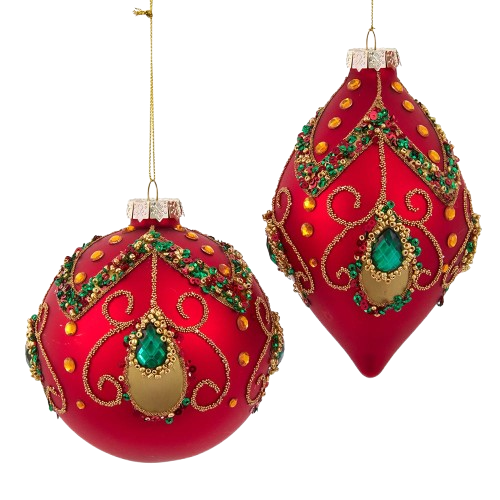 [T3350] 100MM GLASS RED AND GREEN BALL & FINIAL / INDIVIDUAL