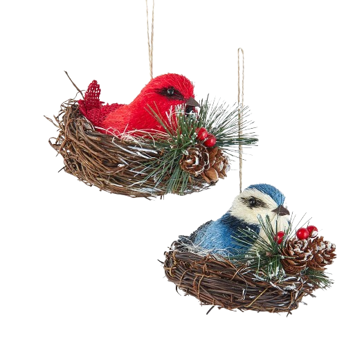 [C0803] 4"CARDINAL & BLUE JAY IN NEST ORNS / INDIVIDUAL
