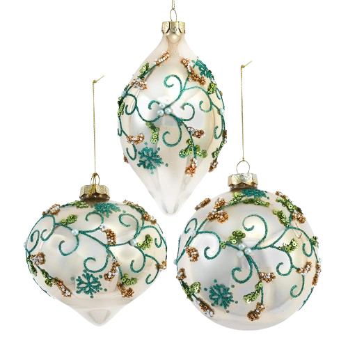 [F2366] GLASS GOLD WIHT AQUA GLITTERED & BEADS BALL, ONION & DROP / INDIVIDUAL 