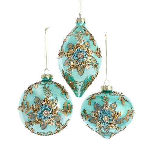 [F2368] GLASS AQUA & GOLD BALL, DROP & ONION / INDIVIDUAL 