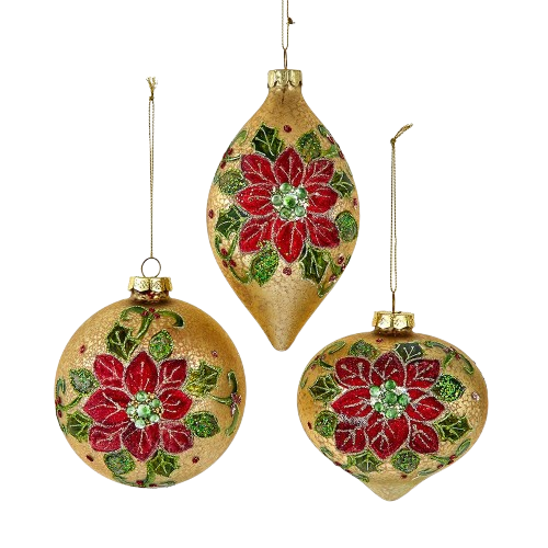 [F2397] MERCURY GLASS GOLD WIHT RED & GREEN FLOWER BALL, DROP & ONION / INDIVIDUAL