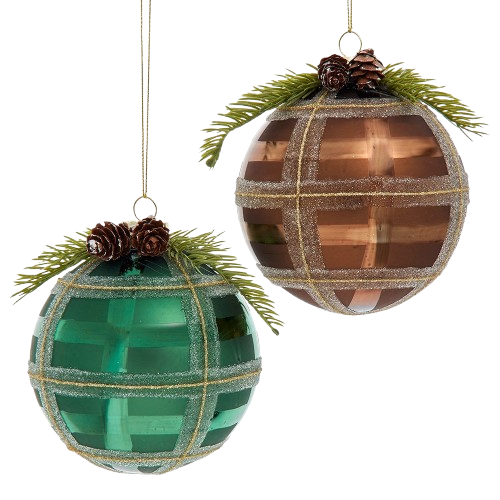 [F2425] GLASS WINTER GREEN & BROWN PLAID BALL / INDIVIDUAL 
