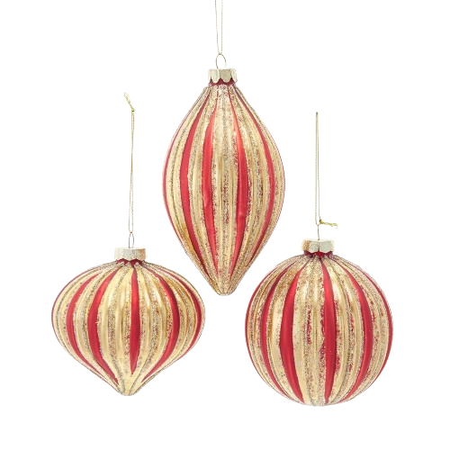 [F2439] GLASS RED & GOLD STRIPED BALL, DROP & ONION 