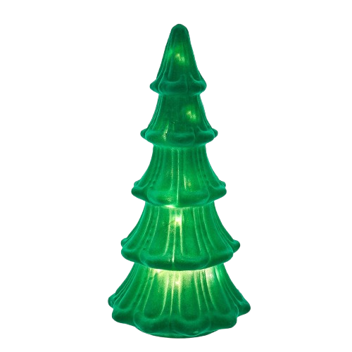 [H1648] 12" GLASS GREEN FLOCKED TREE TABLE PIECE 